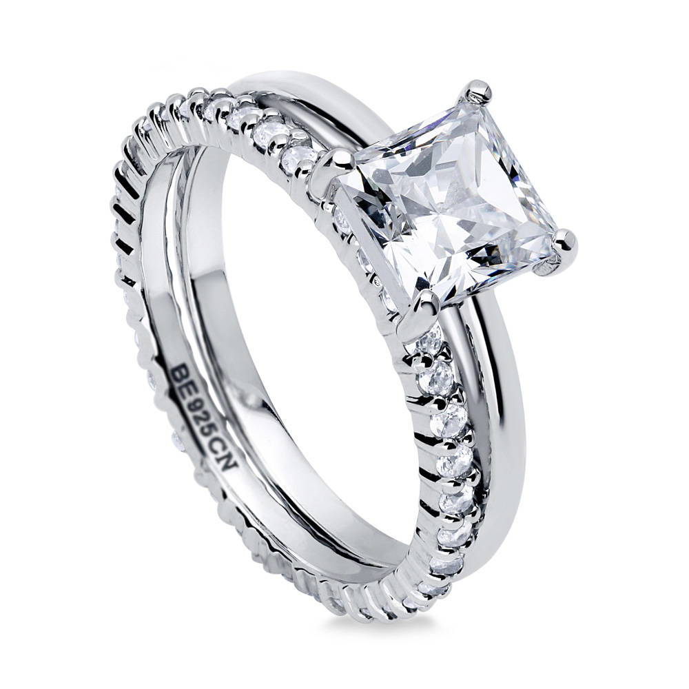 Front view of Solitaire 1.6ct Princess CZ Ring Set in Sterling Silver, 3 of 13