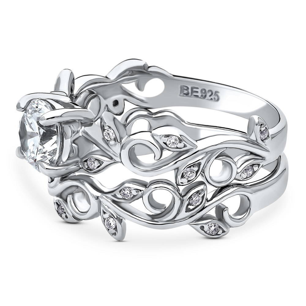 Solitaire Leaf Filigree 0.8ct CZ Ring Set in Sterling Silver
