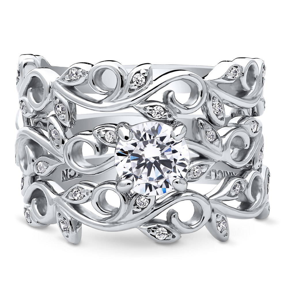 Solitaire Leaf Filigree 0.8ct CZ Ring Set in Sterling Silver