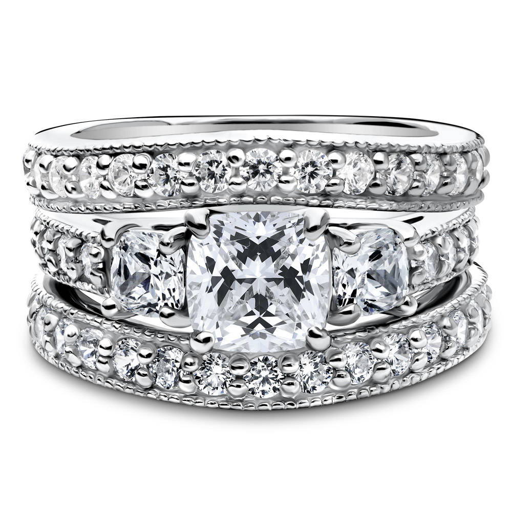 3-Stone Cushion CZ Ring Set in Sterling Silver