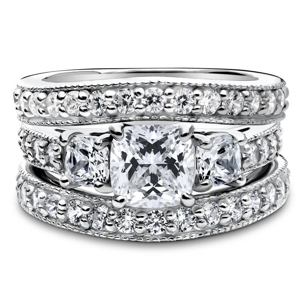 3-Stone 1.5ct Cushion CZ Ring Set in Sterling Silver