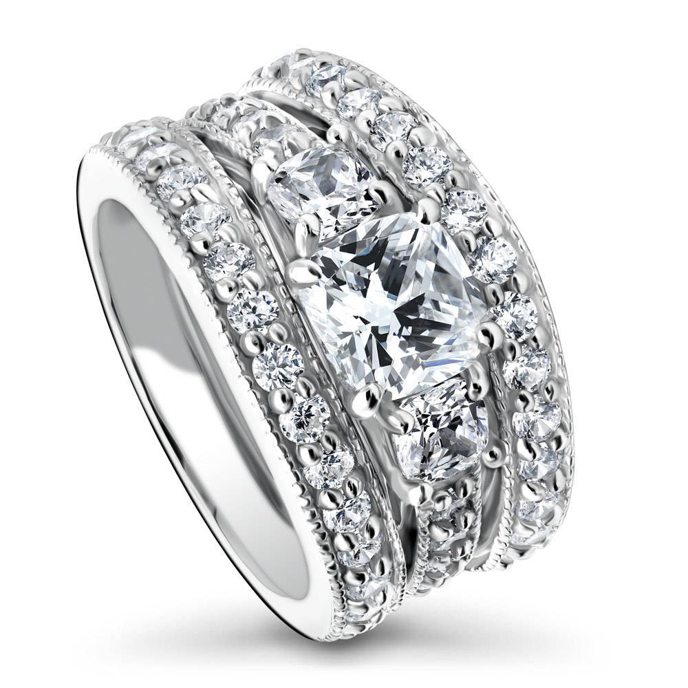 3-Stone Cushion CZ Ring Set in Sterling Silver