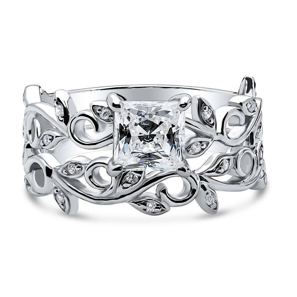Solitaire Leaf Filigree Princess CZ Ring Set in Sterling Silver