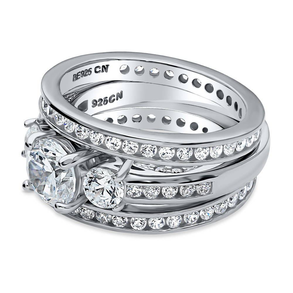 Angle view of 3-Stone Round CZ Ring Set in Sterling Silver, 4 of 12