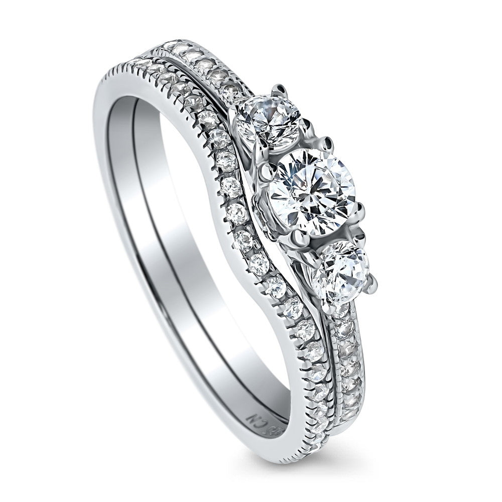 3-Stone Round CZ Ring Set in Sterling Silver
