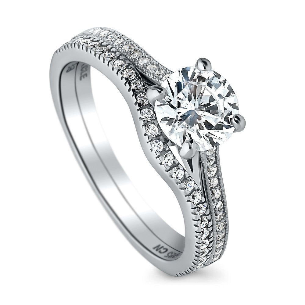 Front view of Solitaire 1ct Round CZ Ring Set in Sterling Silver, 3 of 16