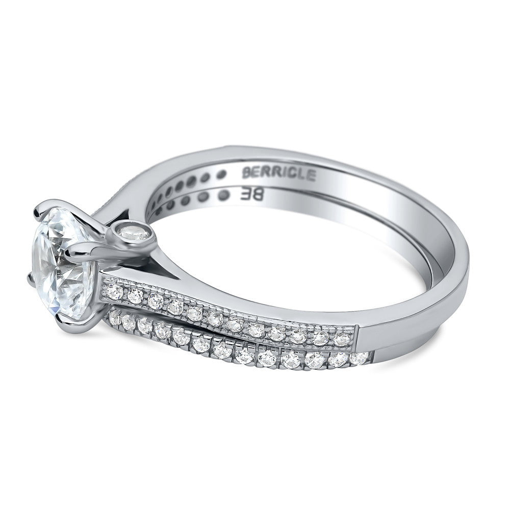 Angle view of Solitaire 1ct Round CZ Ring Set in Sterling Silver, 4 of 16