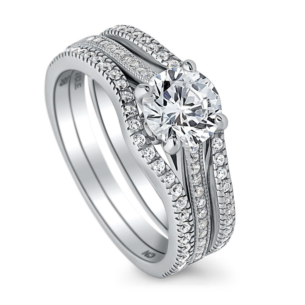 Front view of Solitaire 1ct Round CZ Ring Set in Sterling Silver, 3 of 14