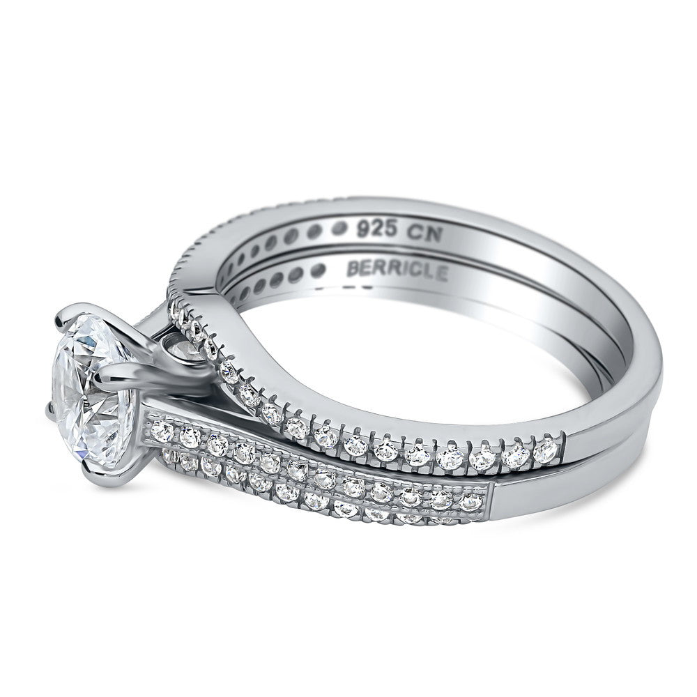 Angle view of Solitaire 1ct Round CZ Ring Set in Sterling Silver, 4 of 14