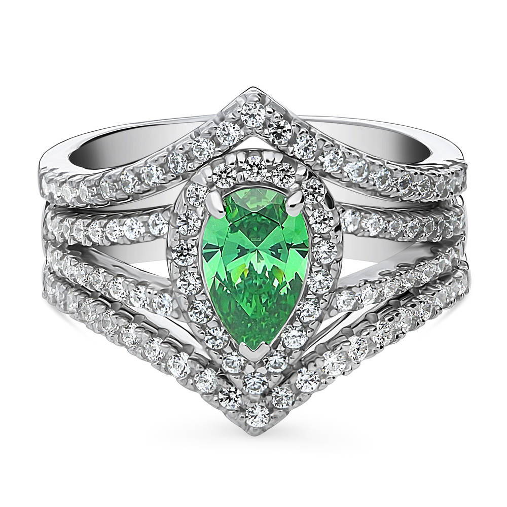 Halo Green Pear CZ Split Shank Ring Set in Sterling Silver