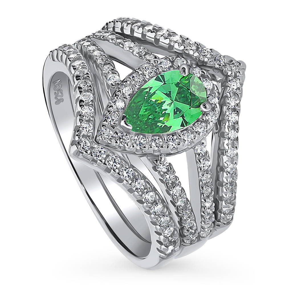 Front view of Halo Green Pear CZ Split Shank Ring Set in Sterling Silver, 4 of 15