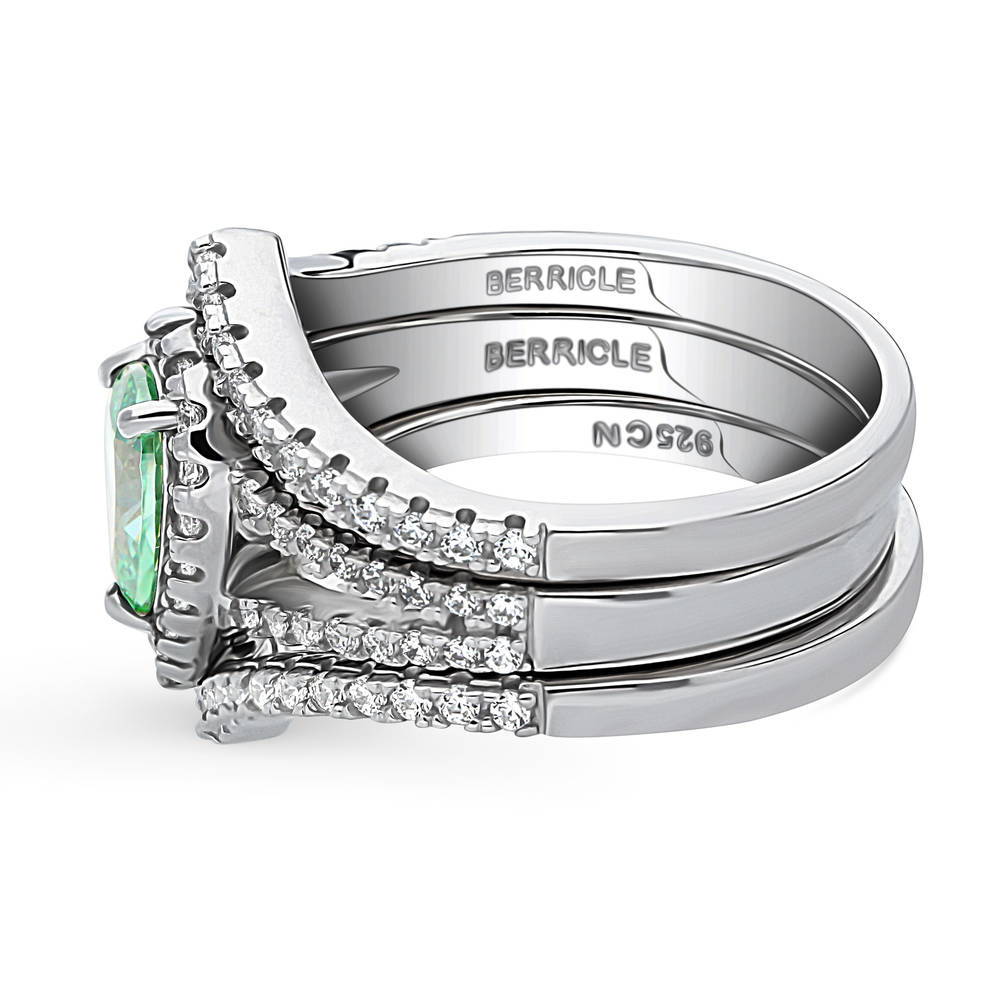 Angle view of Halo Green Pear CZ Split Shank Ring Set in Sterling Silver, 5 of 15