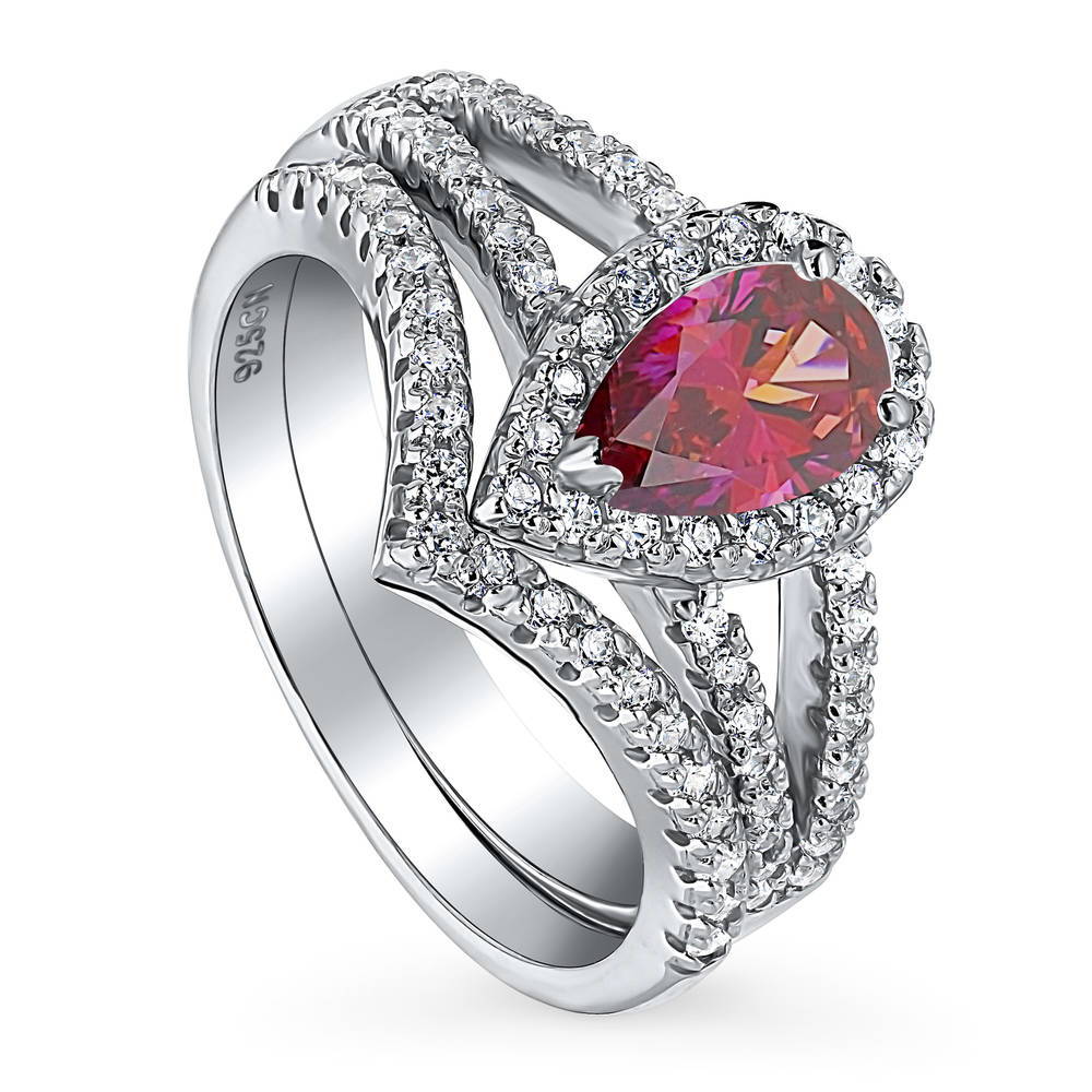 Halo Red Pear CZ Split Shank Ring Set in Sterling Silver