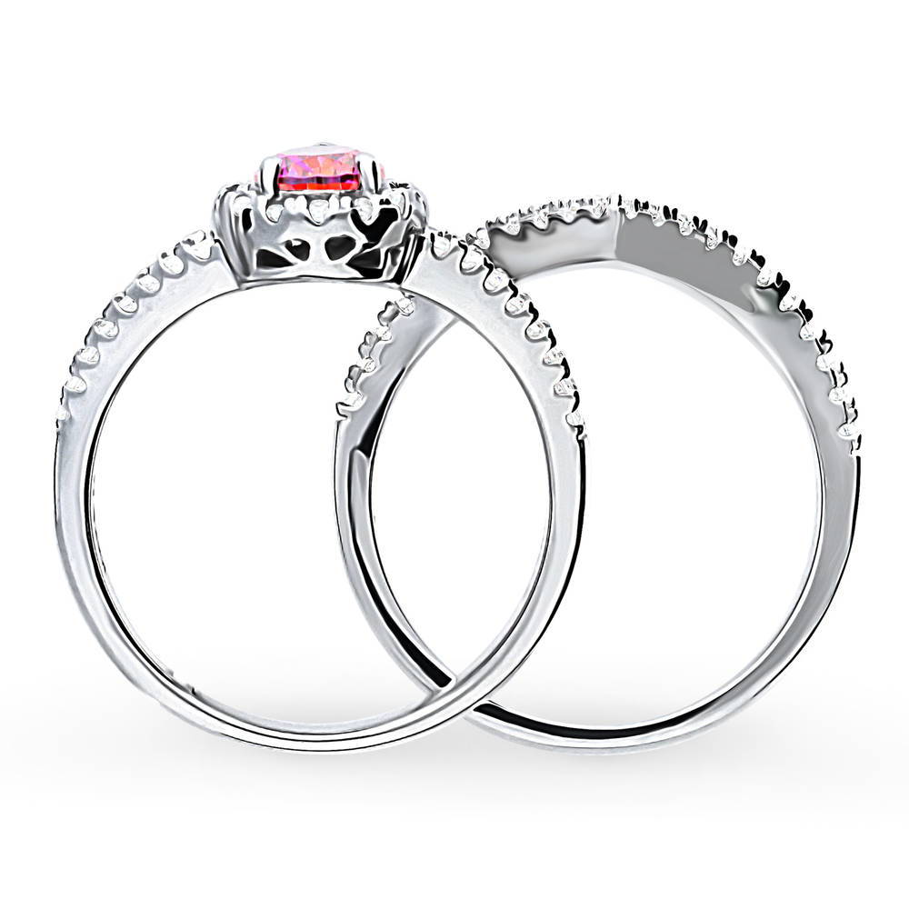 Halo Red Pear CZ Split Shank Ring Set in Sterling Silver