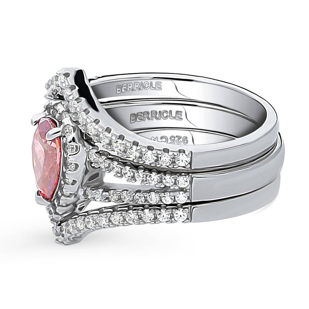 Halo Wishbone Red Pear CZ Split Shank Ring Set in Sterling Silver