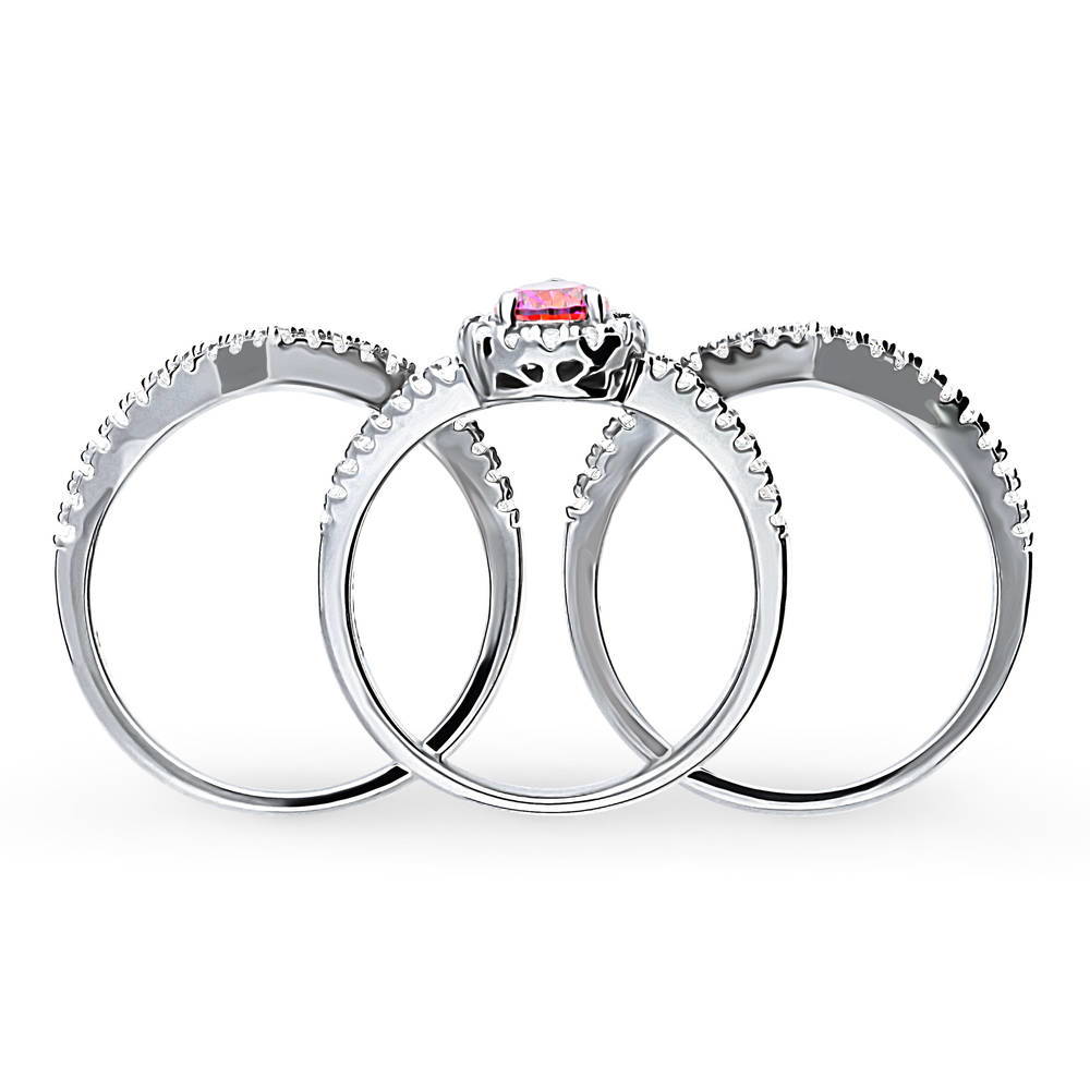 Halo Wishbone Red Pear CZ Split Shank Ring Set in Sterling Silver