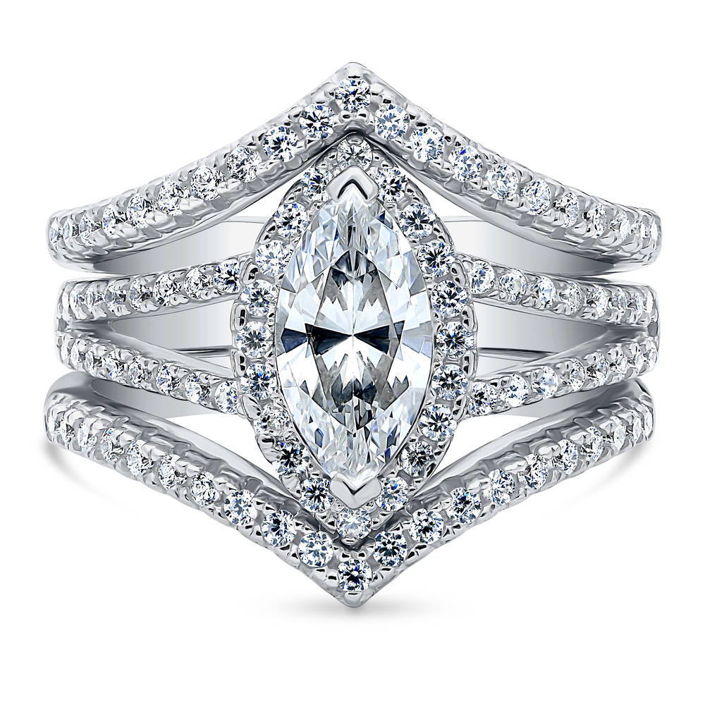Halo Marquise CZ Split Shank Ring Set in Sterling Silver, 1 of 10