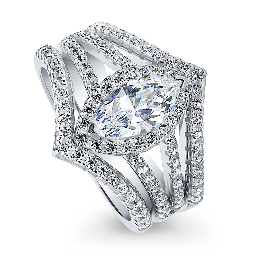 Front view of Halo Marquise CZ Split Shank Ring Set in Sterling Silver, 3 of 9