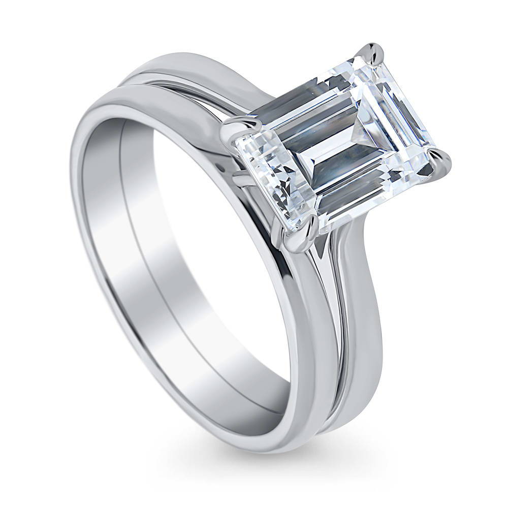 Front view of Solitaire 2.6ct Emerald Cut CZ Ring Set in Sterling Silver, 4 of 11