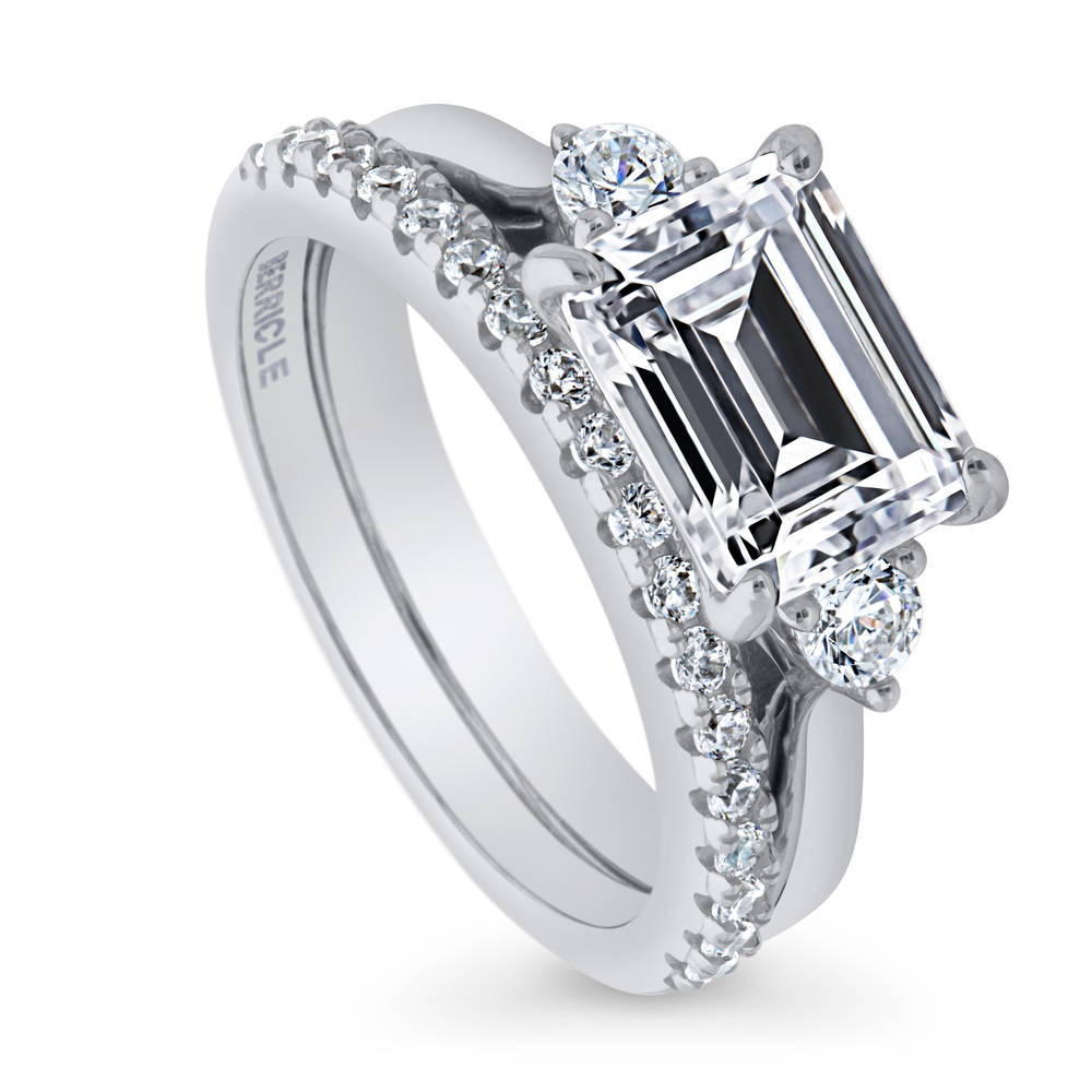 Front view of 3-Stone East-West Emerald Cut CZ Ring Set in Sterling Silver, 3 of 11
