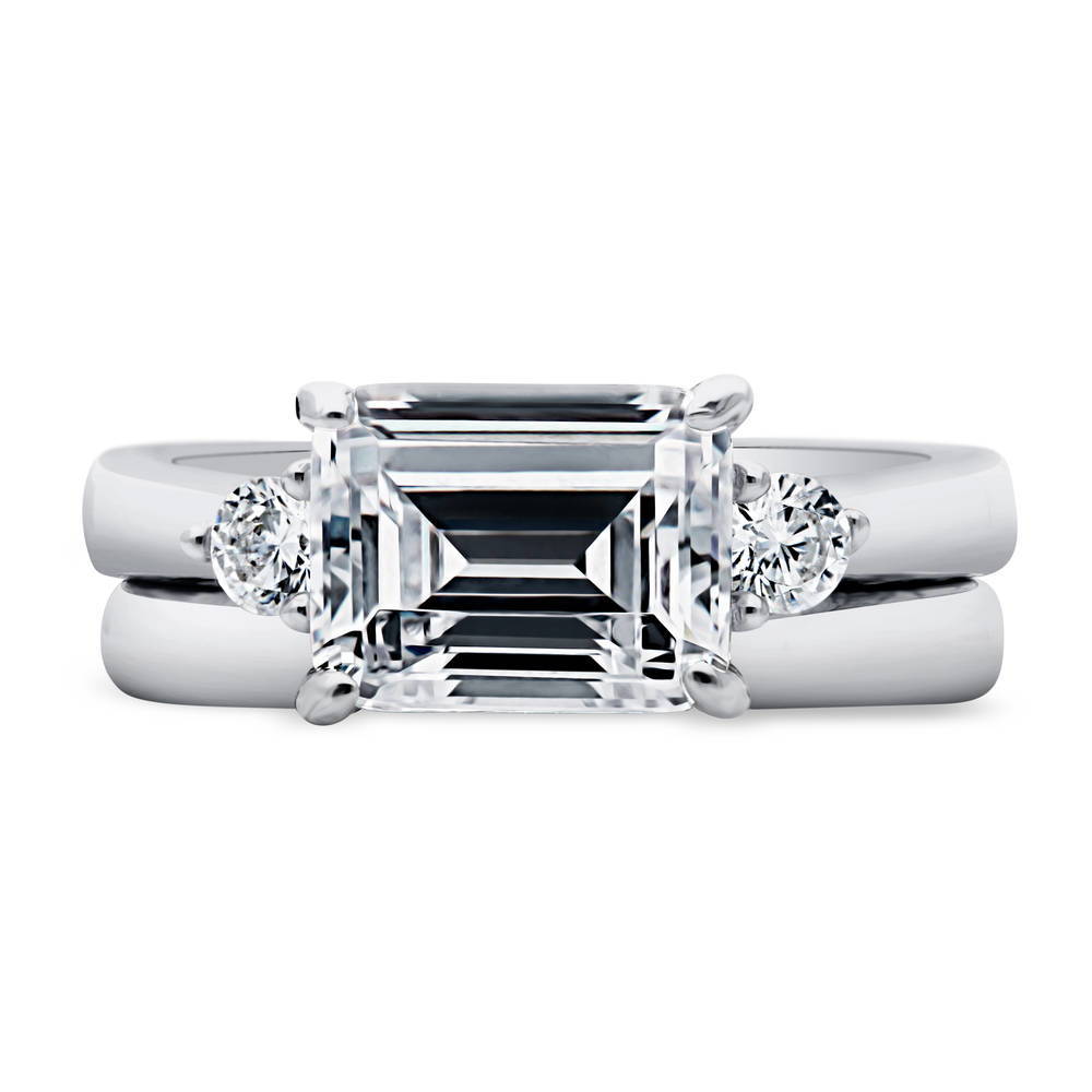 3-Stone East-West Emerald Cut CZ Ring Set in Sterling Silver, 1 of 11
