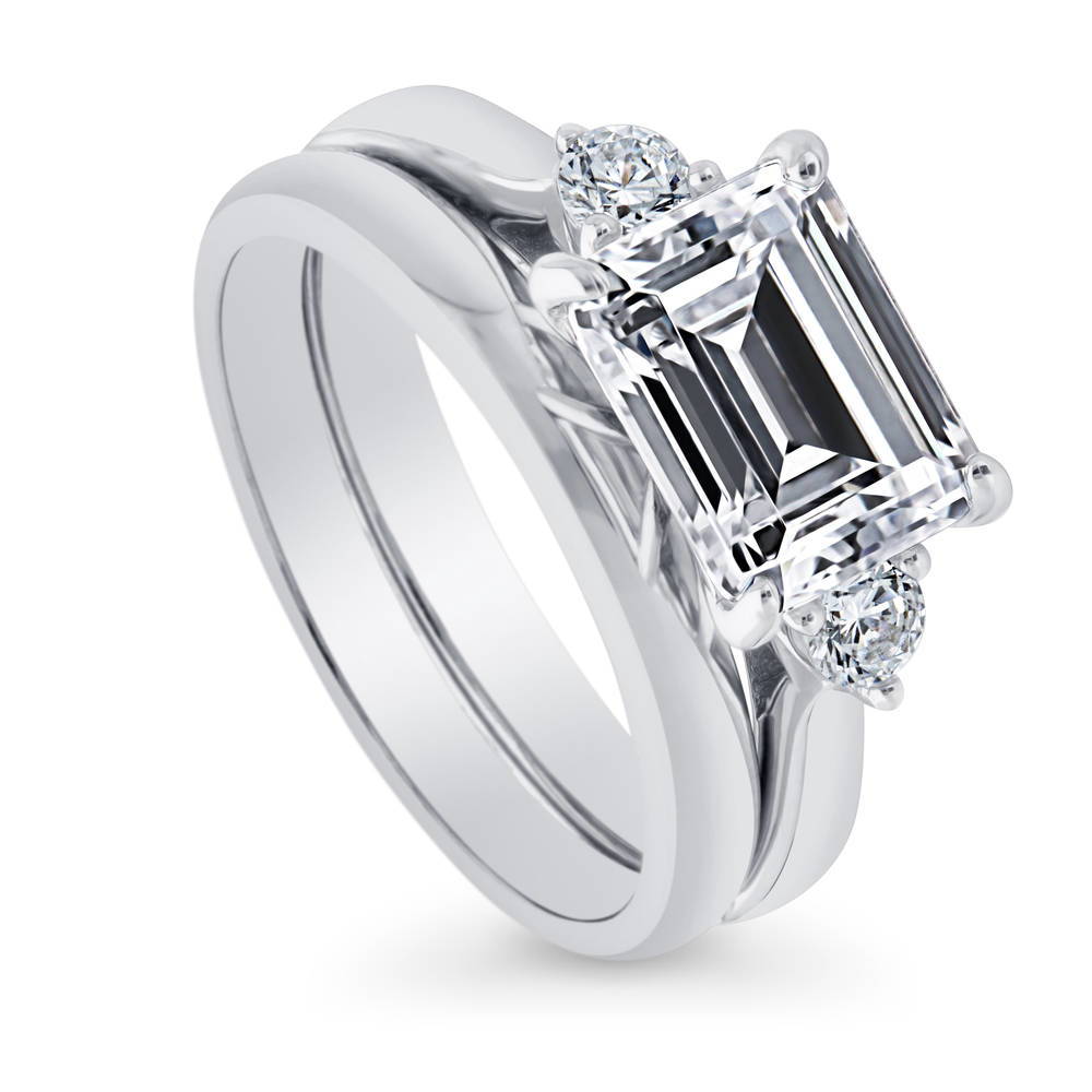 Front view of 3-Stone East-West Emerald Cut CZ Ring Set in Sterling Silver, 4 of 11