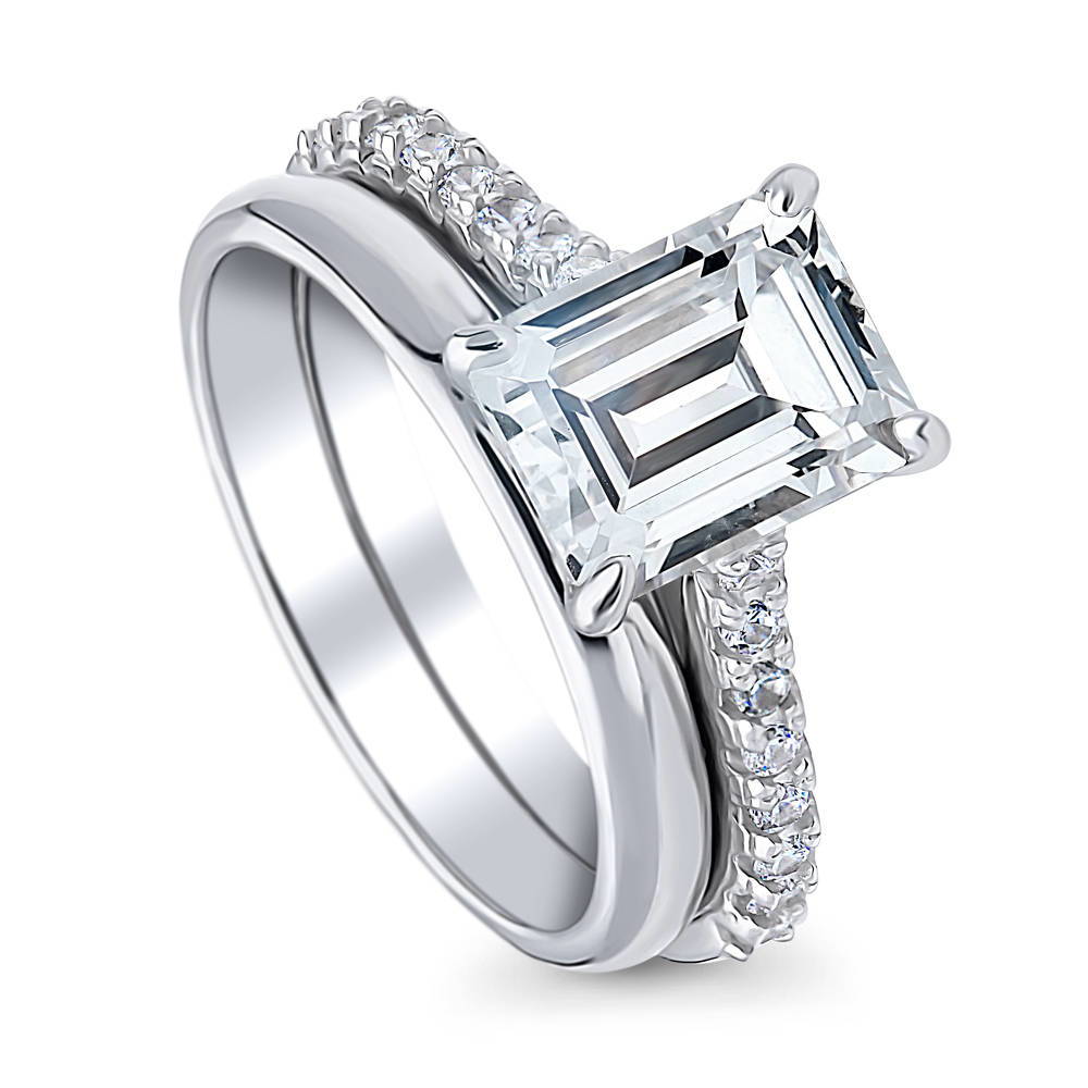 Front view of Solitaire 2.6ct Emerald Cut CZ Ring Set in Sterling Silver, 4 of 11