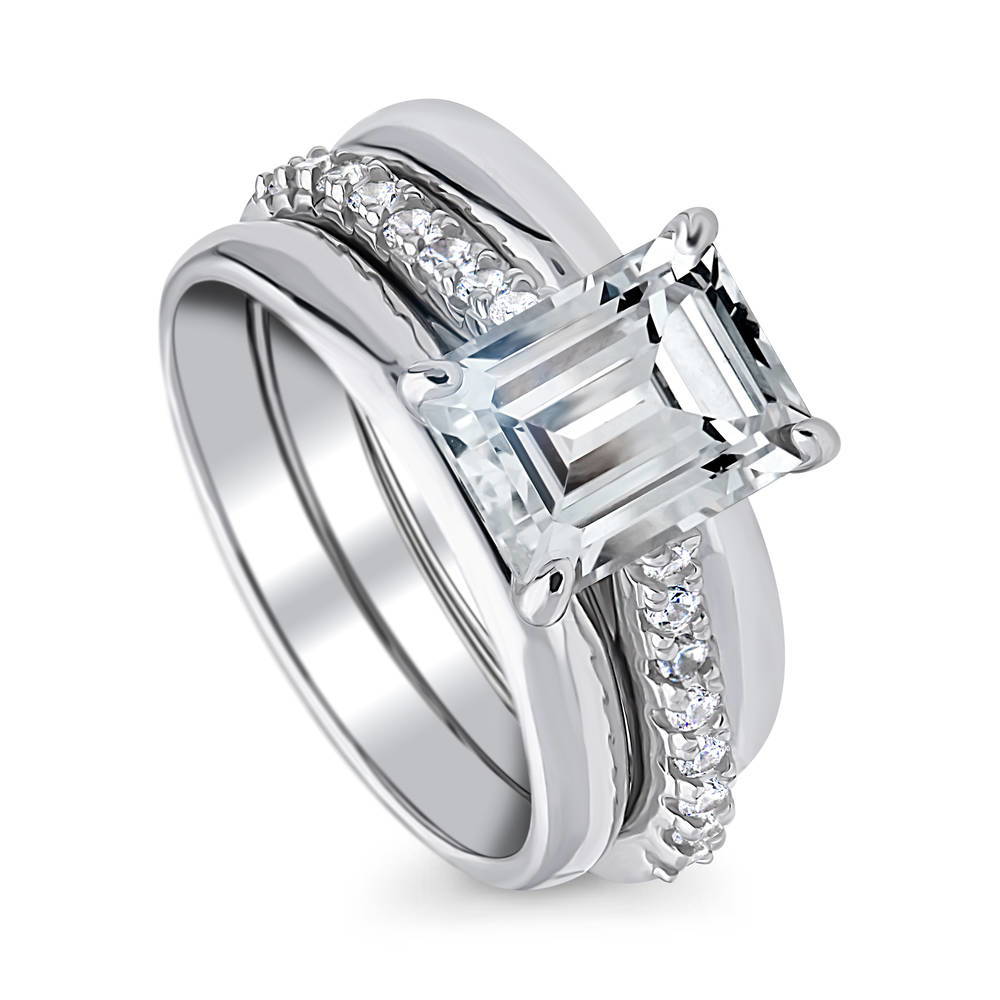 Front view of Solitaire 2.6ct Emerald Cut CZ Ring Set in Sterling Silver, 4 of 10