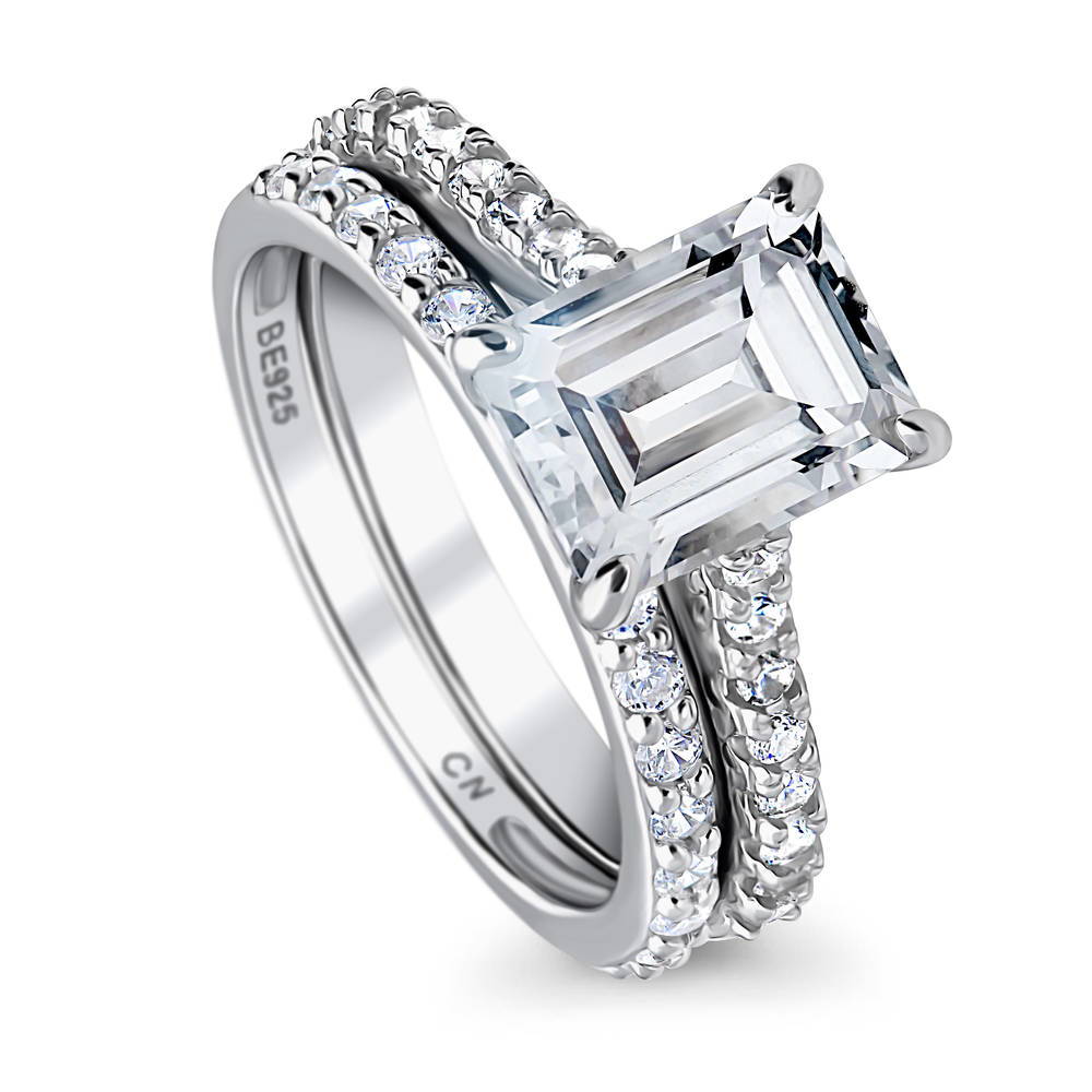 Solitaire 2.6ct Emerald Cut CZ Ring Set in Sterling Silver