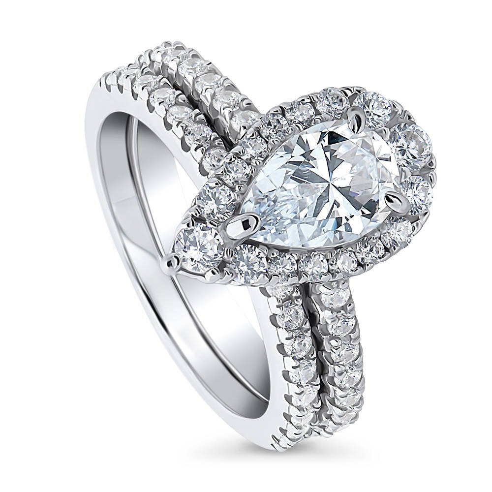 Halo Pear CZ Ring Set in Sterling Silver