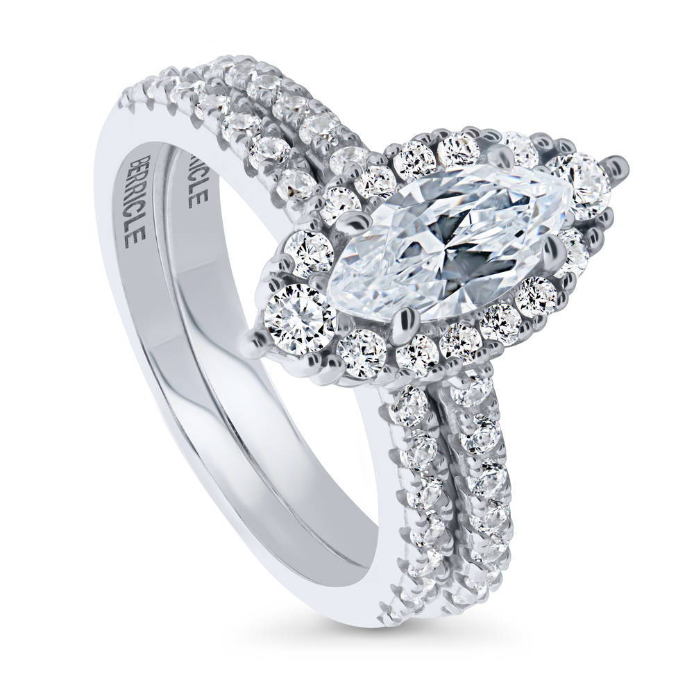 Front view of Halo Marquise CZ Ring Set in Sterling Silver, 3 of 11