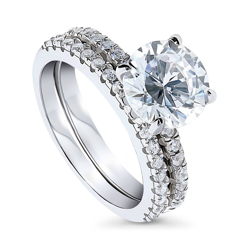 Hidden Halo Solitaire CZ Ring Set in Sterling Silver