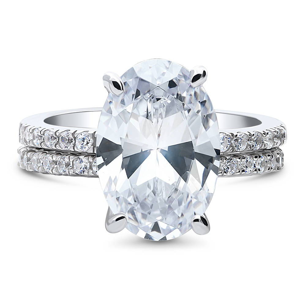 Solitaire Hidden Halo 5.5ct Oval CZ Ring Set in Sterling Silver