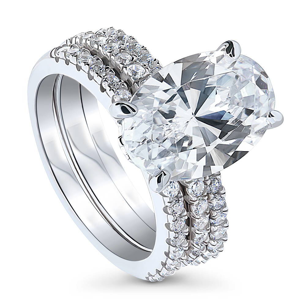 Solitaire Hidden Halo 5.5ct Oval CZ Ring Set in Sterling Silver