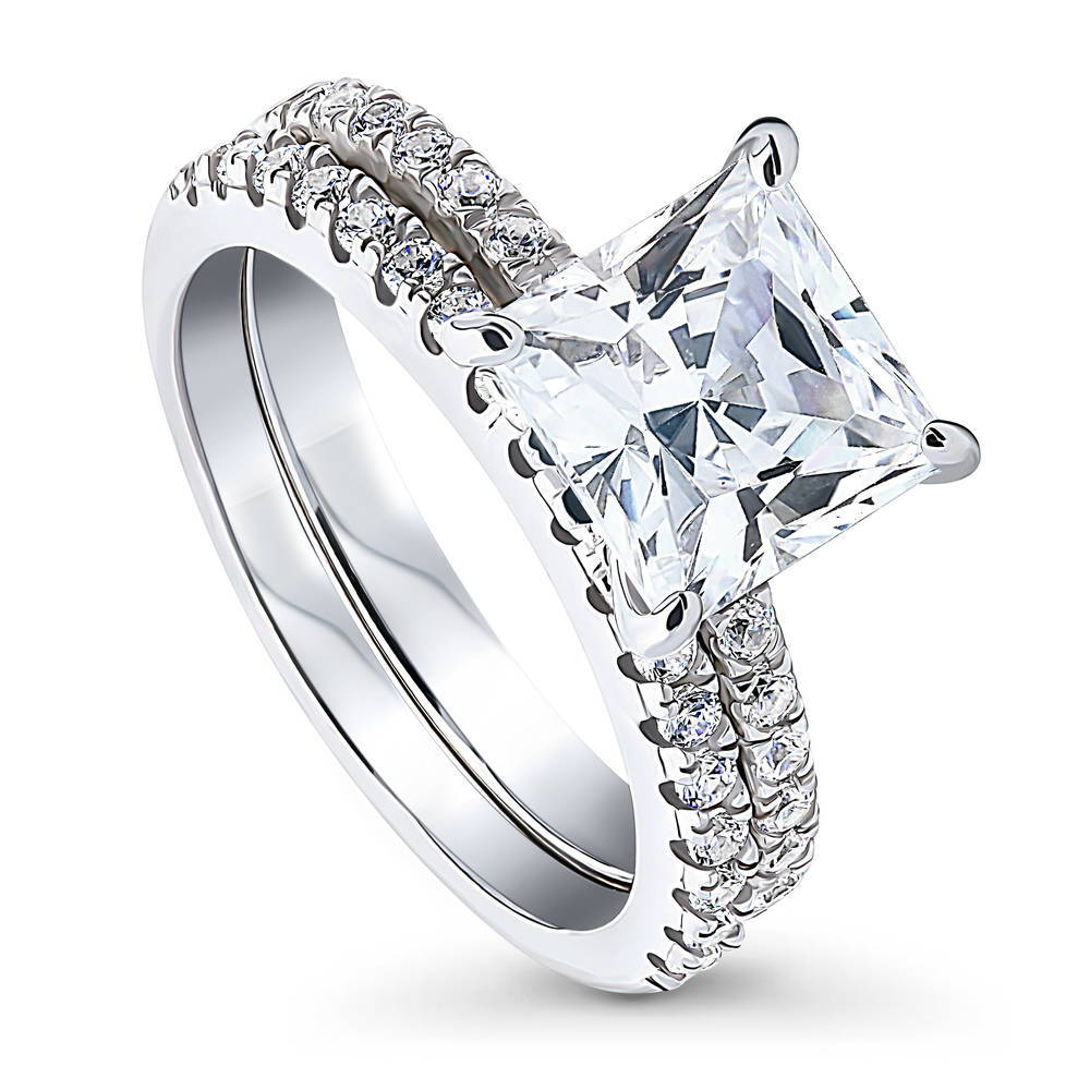 Hidden Halo Solitaire CZ Ring Set in Sterling Silver