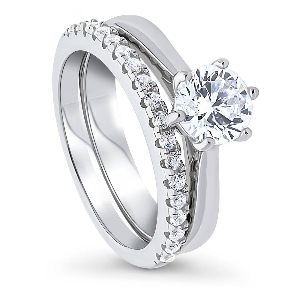 Front view of Solitaire 1ct Round CZ Ring Set in Sterling Silver, 3 of 11