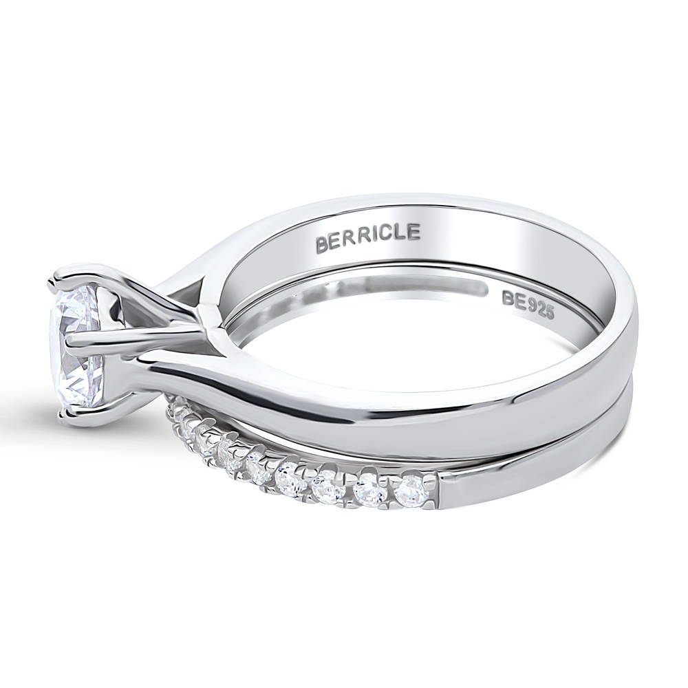 Angle view of Solitaire 1ct Round CZ Ring Set in Sterling Silver, 4 of 11