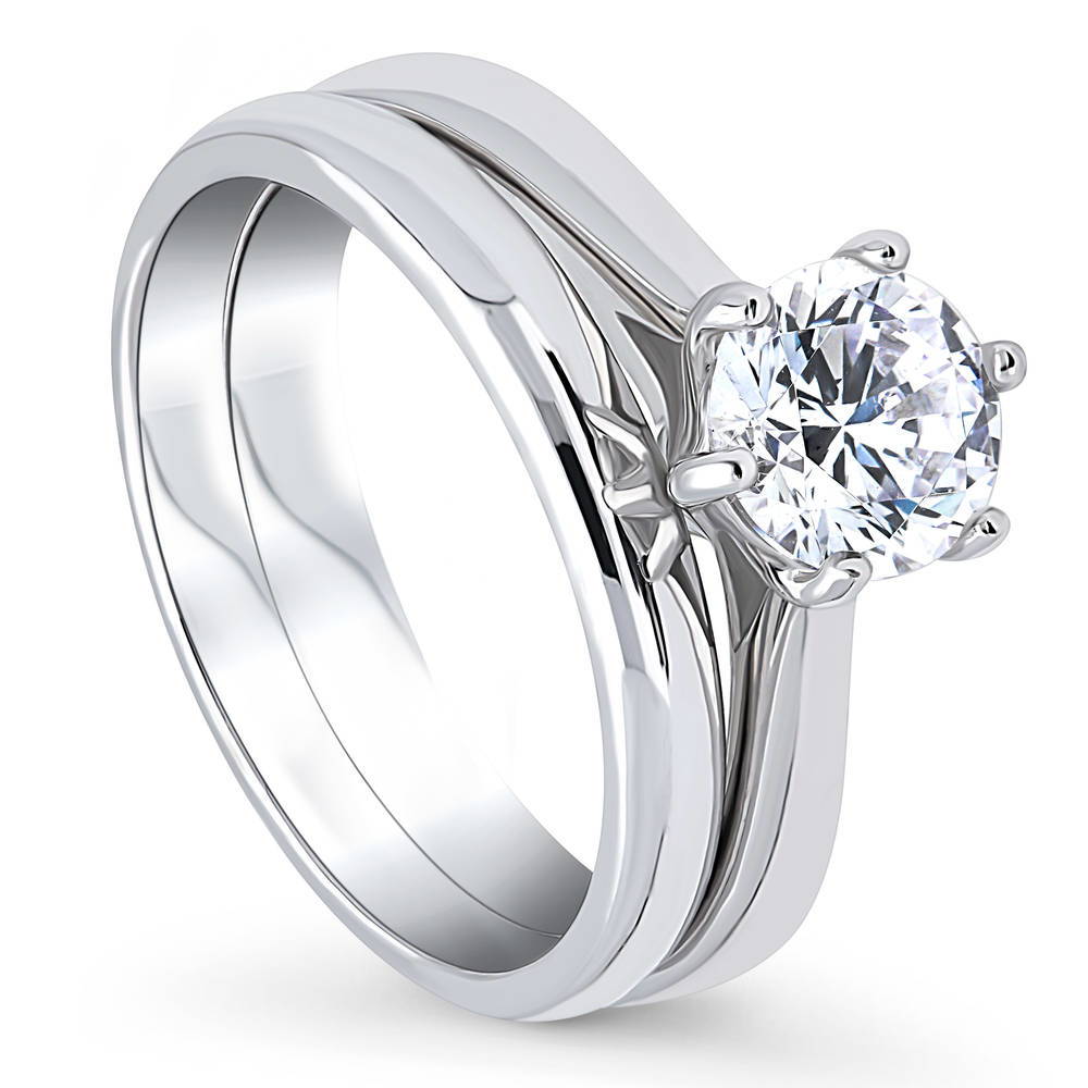 Solitaire 1ct Round CZ Ring Set in Sterling Silver