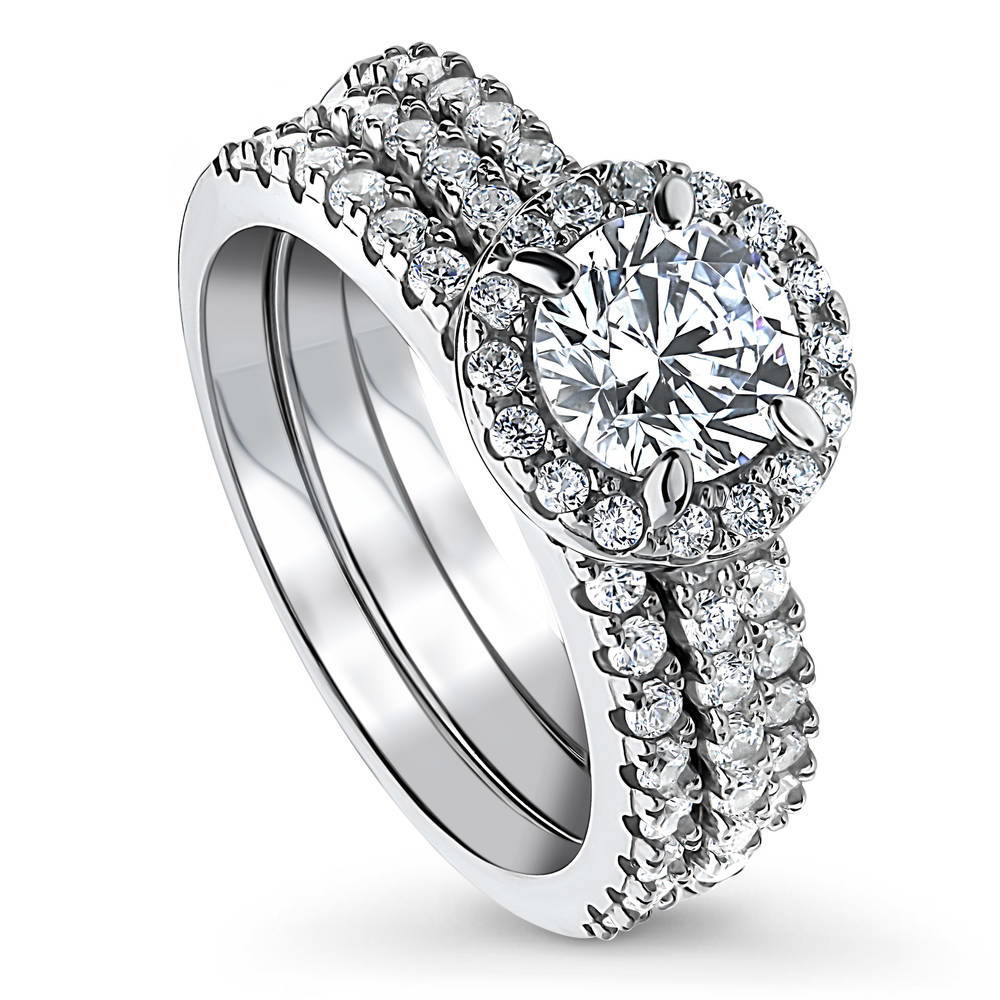 Front view of Halo Round CZ Ring Set in Sterling Silver, 3 of 10