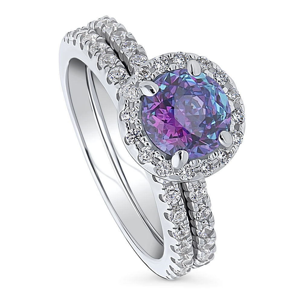 Halo Kaleidoscope Purple Aqua CZ Ring Set in Sterling Silver
