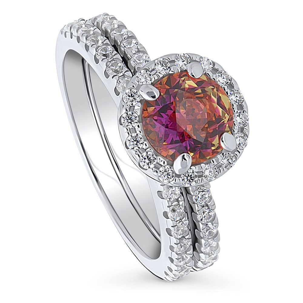 Halo Kaleidoscope Red Orange Round CZ Ring Set in Sterling Silver