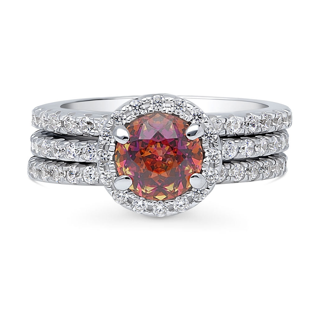 Halo Kaleidoscope Red Orange Round CZ Ring Set in Sterling Silver