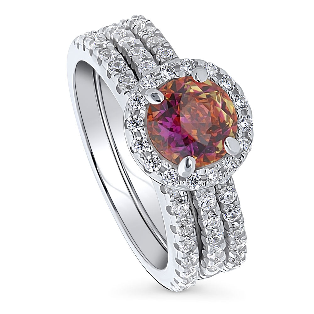 Halo Kaleidoscope Red Orange Round CZ Ring Set in Sterling Silver