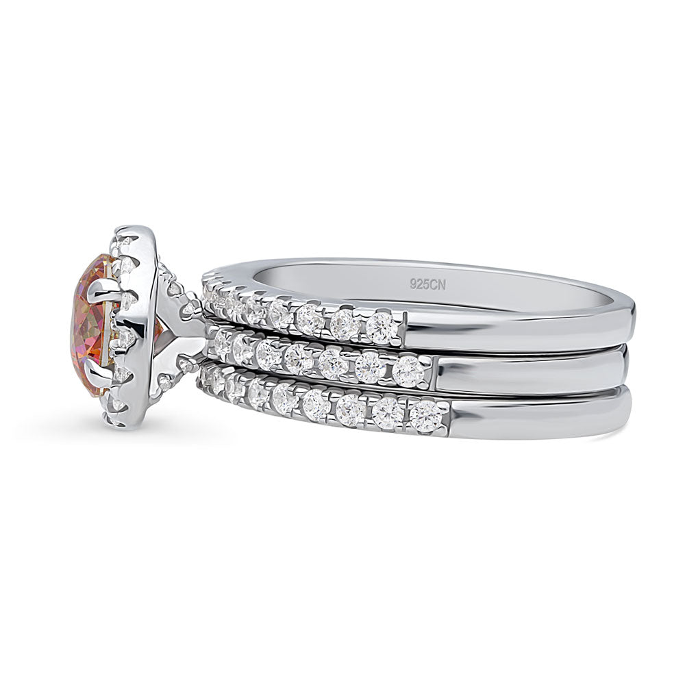 Halo Kaleidoscope Red Orange Round CZ Ring Set in Sterling Silver