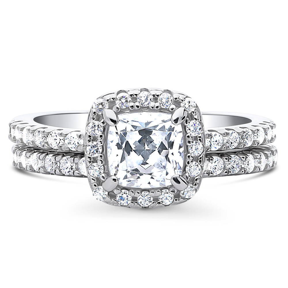 Halo Cushion CZ Ring Set in Sterling Silver