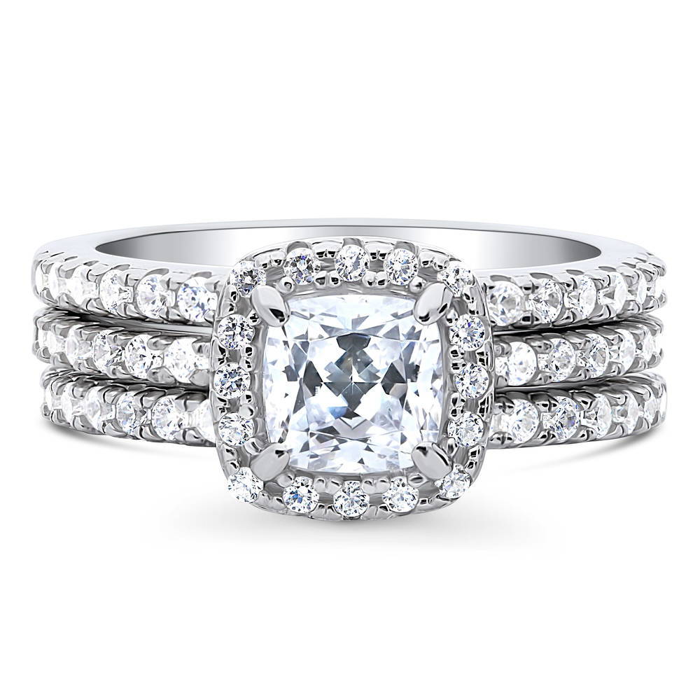 Halo Cushion CZ Ring Set in Sterling Silver