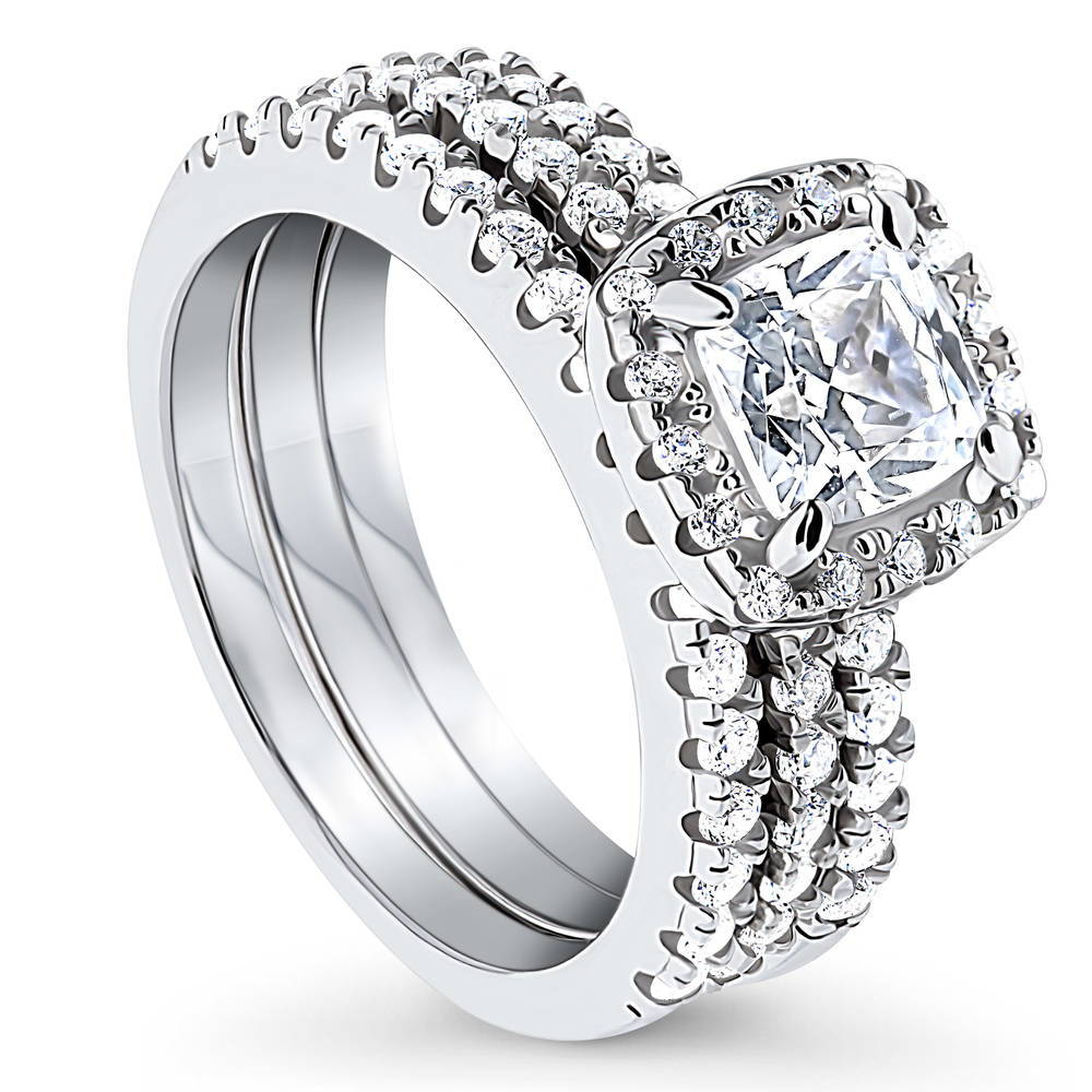 Halo Cushion CZ Ring Set in Sterling Silver