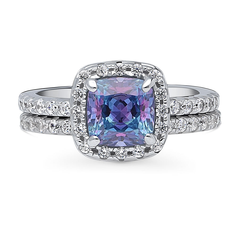 Halo Kaleidoscope Purple Aqua Cushion CZ Ring Set in Sterling Silver