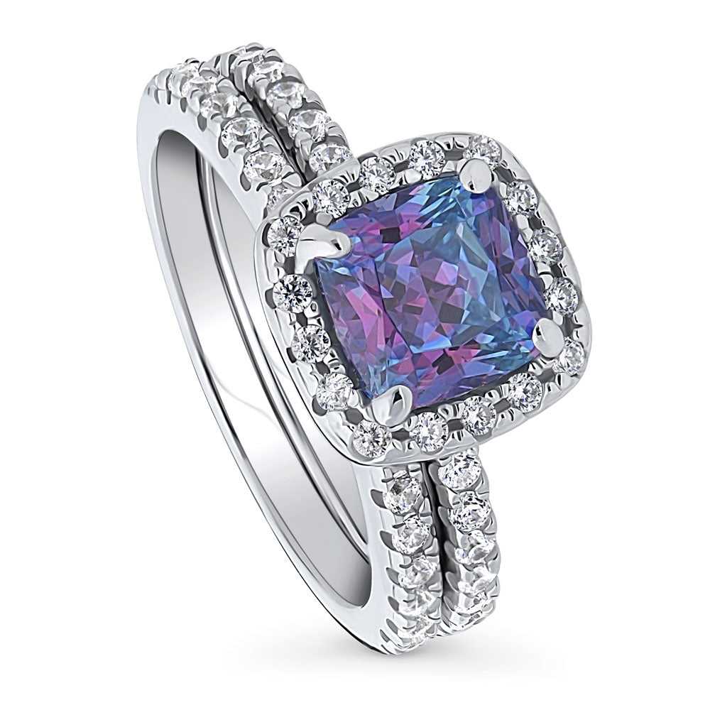 Halo Kaleidoscope Purple Aqua Cushion CZ Ring Set in Sterling Silver