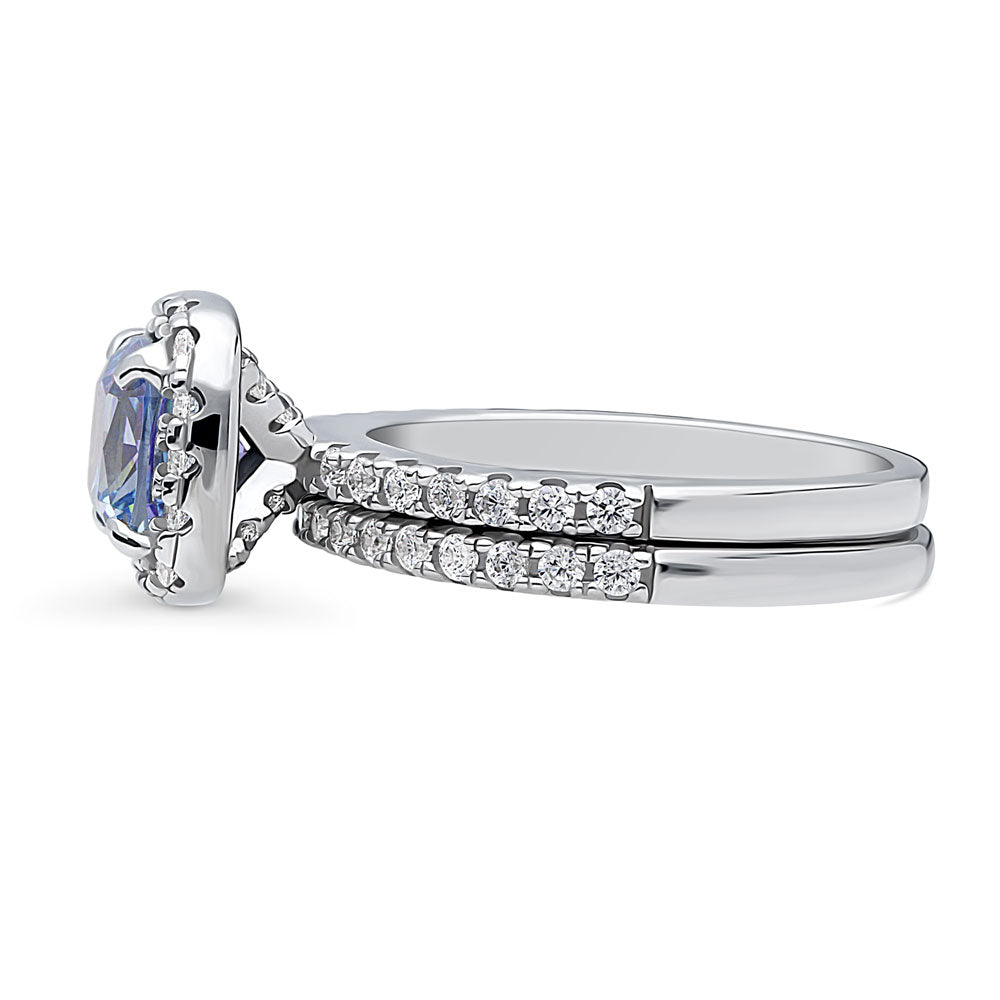 Halo Kaleidoscope Purple Aqua Cushion CZ Ring Set in Sterling Silver